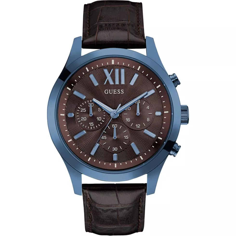  GUESS Chronograph Brown Leather Strap Men's Watch 46mm 