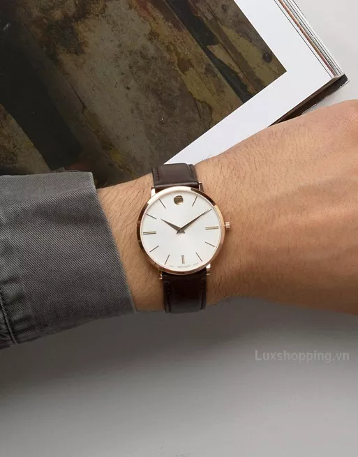  Movado Swiss Ultra Slim Brown Leather Watch 40mm