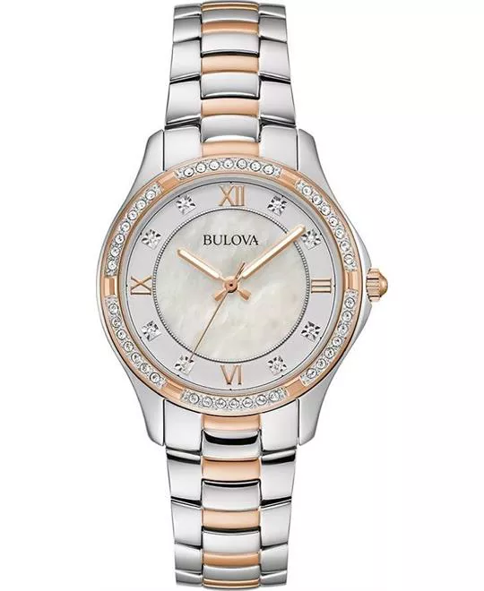 Bulova Crystal Accents Silver Rose Gold Watch 33MM