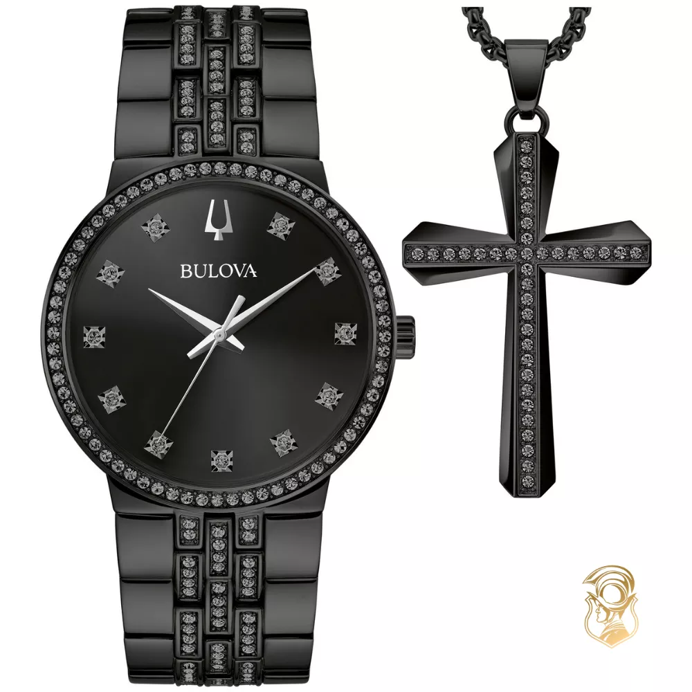 Bulova Crystal Gemmed Black Stainless Steel Watch 40mm
