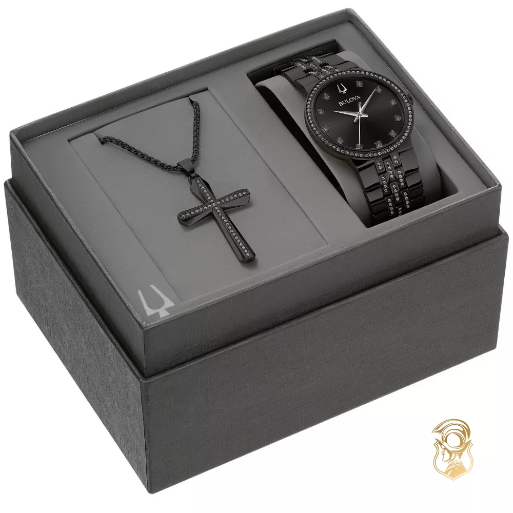Bulova Crystal Gemmed Black Stainless Steel Watch 40mm