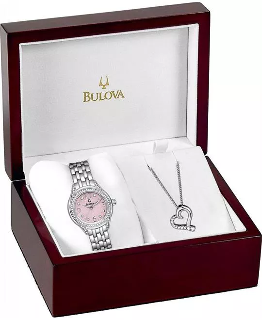 Bulova Crystal Heart Necklace Watch Set 30mm