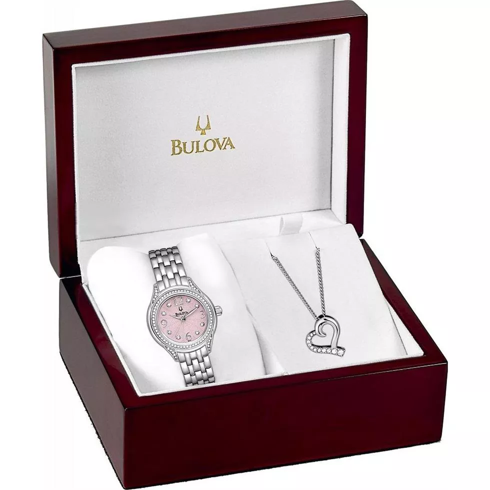 Bulova Crystal Heart Necklace Watch Set 30mm
