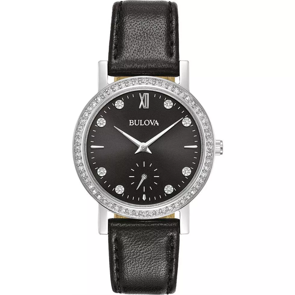 Bulova Crystal Black Leather Strap Watch 32mm