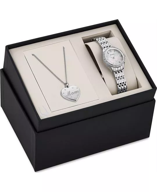 Bulova Crystal Mom Pendant Necklace Watch Set 26mm 