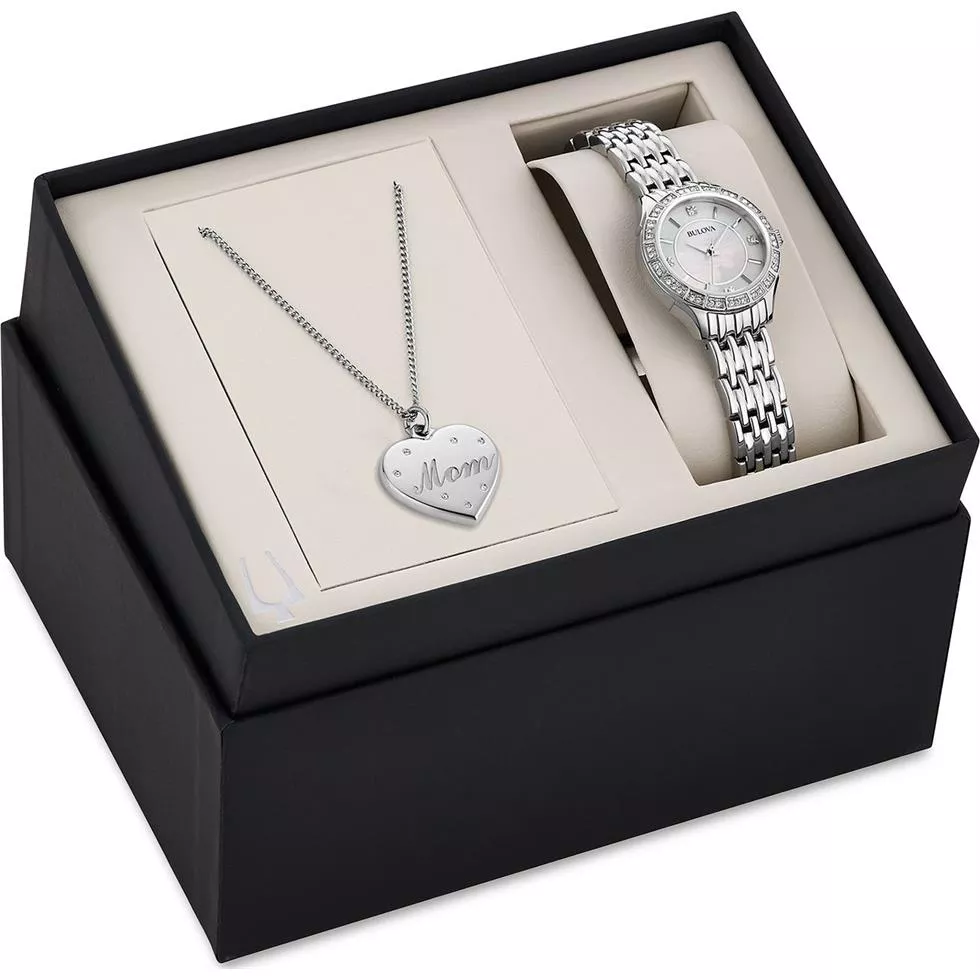 Bulova Crystal Mom Pendant Necklace Watch Set 26mm 
