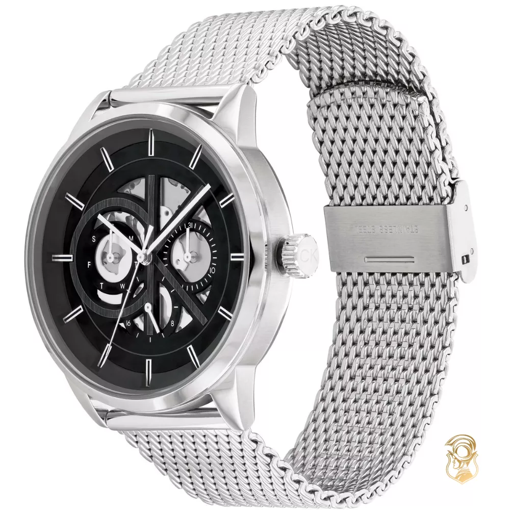Calvin Klein Silver Mesh Black Dial Multi-function Men's Watch 43mm