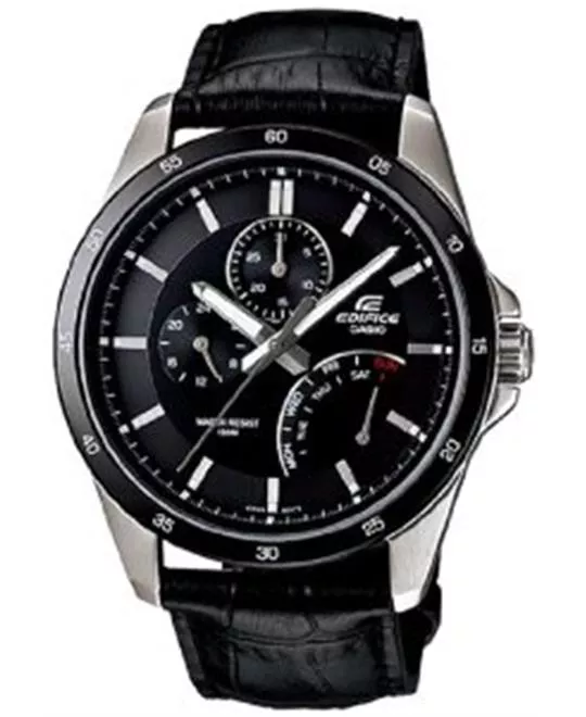 Men's  Black Leather Quartz Watch with Black Dial