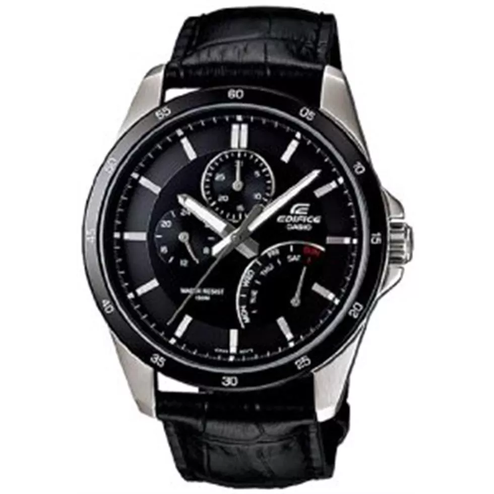 Men's  Black Leather Quartz Watch with Black Dial