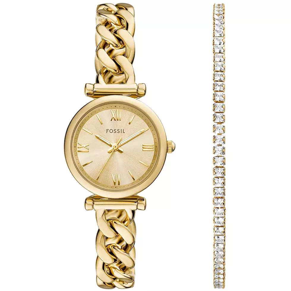 Fossil Carlie Three-Hand Gold-Tone Stainless Steel Watch and Bracelet Set Watch 28mm