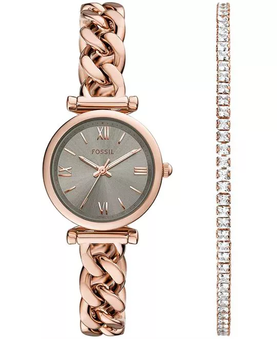 Fossil Carlie Three-Hand Rose Gold-Tone Stainless Steel Watch and Bracelet Set Watch 28mm