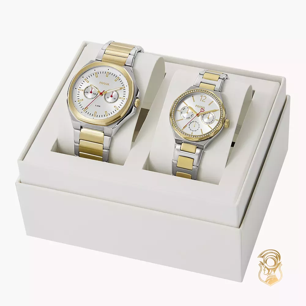 Fossil His and Hers Multifunction Two-Tone Stainless Steel Box Set Watch 