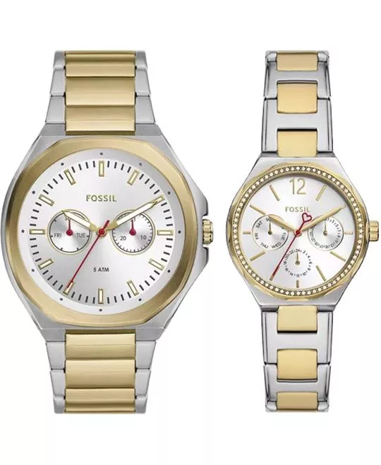 Fossil His and Hers Multifunction Two-Tone Stainless Steel Box Set Watch 