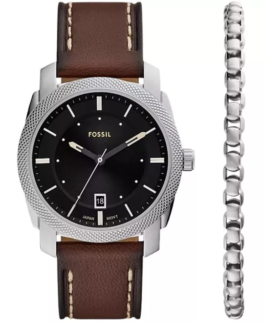 Fossil Machine Three-Hand Date Brown Leather Set Watch 42mm