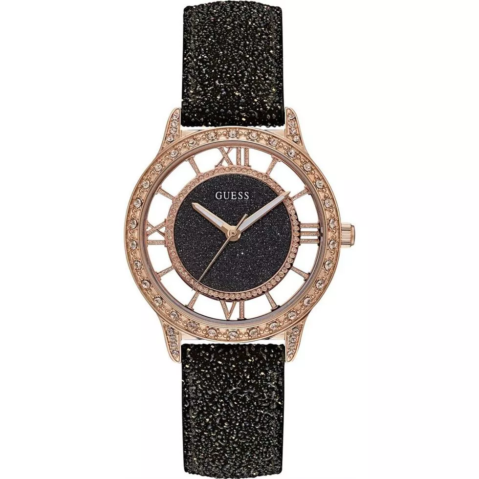 GUESS Black Glitter Leather Strap Watch 38mm 