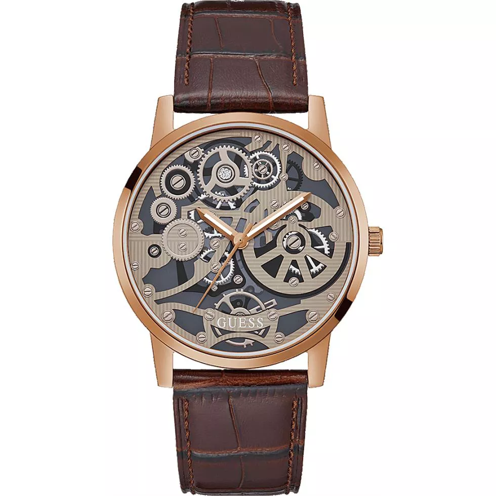 Guess Skeleton Brown Leather Watch 42mm