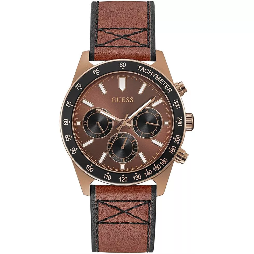 Guess Coffee-Tone and Brown Leather Watch 42MM
