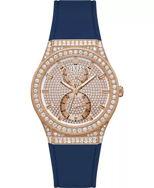 Guess Crystal Rose Gold-Tone and Blue Silicone Watch