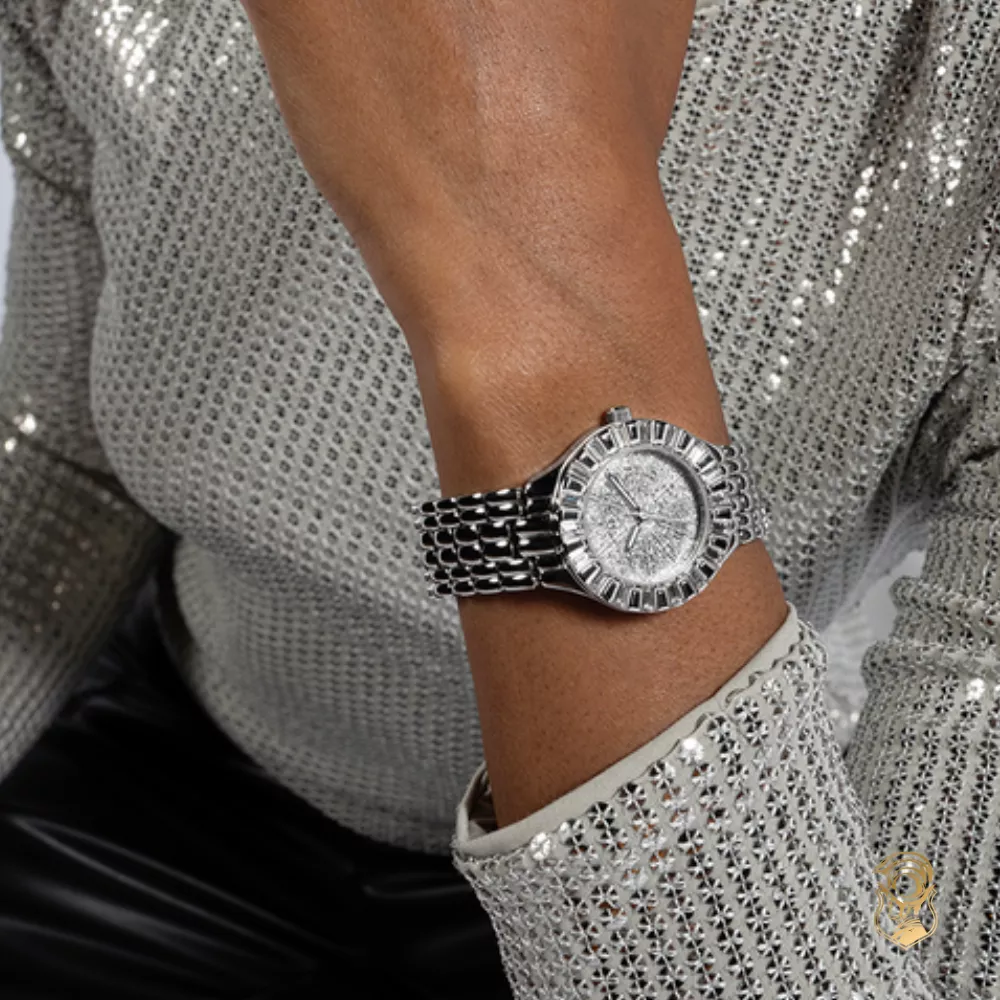 Guess Dazzling Silver - Tone Crystal Watch 34mm