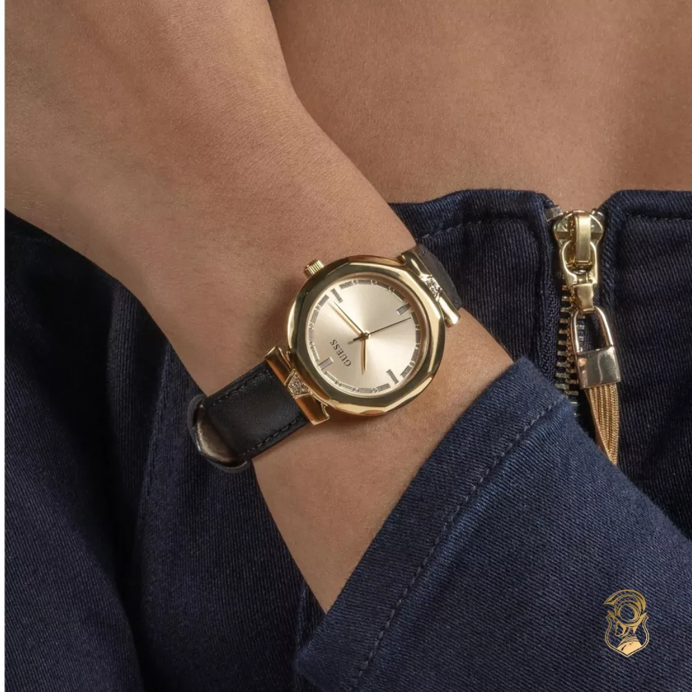 Guess Gold Rumour Black Leather Watch 34mm