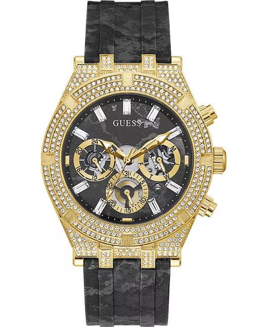 Guess Gold Tone Case Black Silicone Watch 44mm