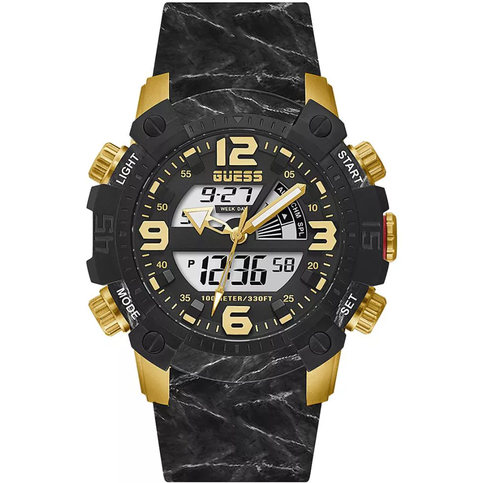 Guess Gold Tone Case Black Silicone Watch 50mm