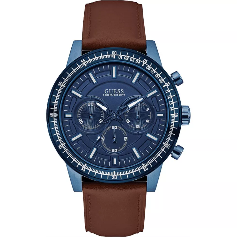 Guess Iconic Genuine Leather Strap Watch 44mm