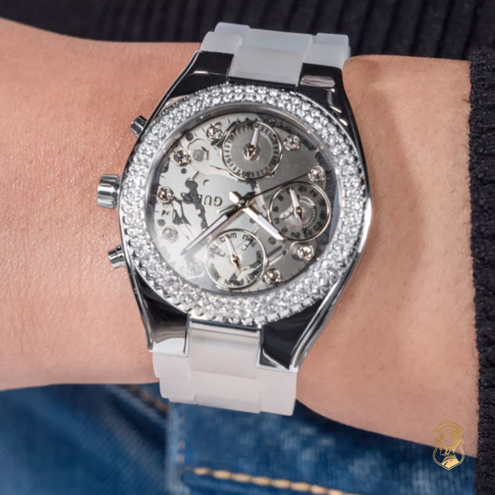 Guess Ladies Clear Silver Tone Multi-function Watch 37mm