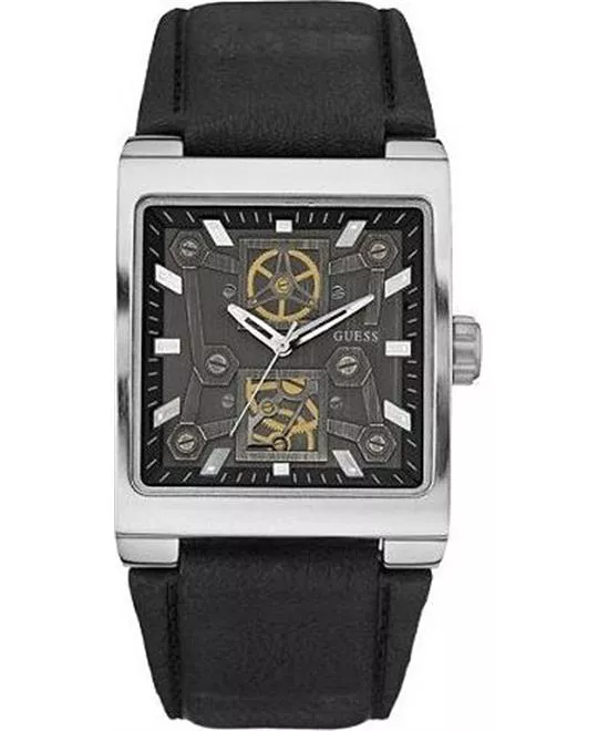 Guess Men Layered Dial Black Leather Watch 42x38mm