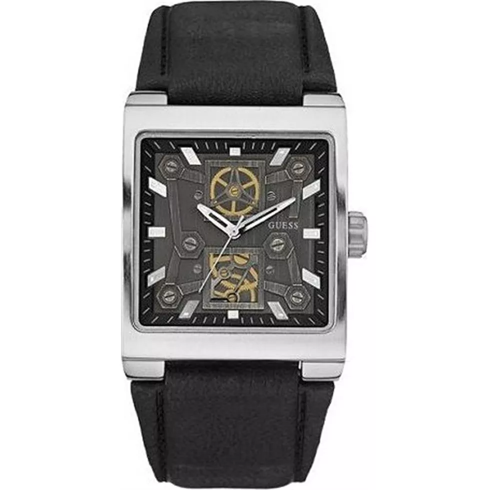 Guess Men Layered Dial Black Leather Watch 42x38mm