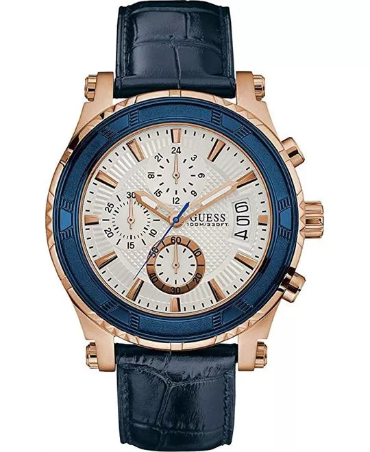 Guess Men's Blue Leather Rose Gold 45mm