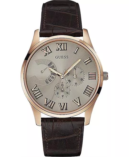 Guess Men's Dress Multifunction Brown Leather Strap Watch 42mm