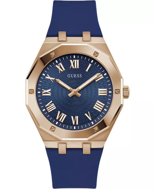 Guess Mens Blue Rose Gold Tone Analog Watch 42mm