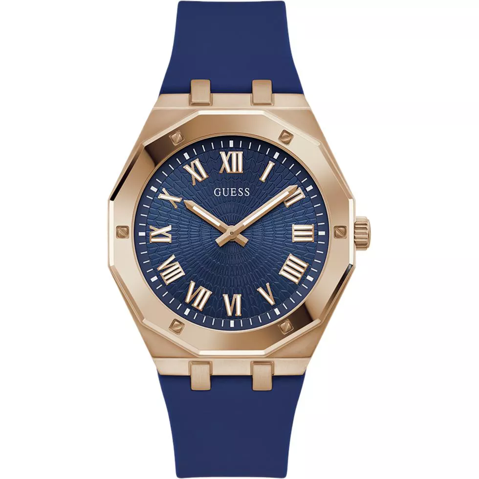 Guess Mens Blue Rose Gold Tone Analog Watch 42mm