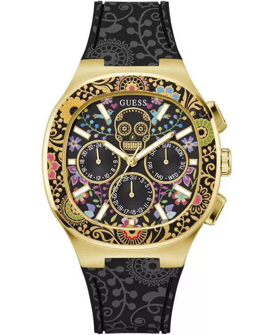 Guess Mens Day Of The Dead Black Gold Tone Multi-function Watch 44mm