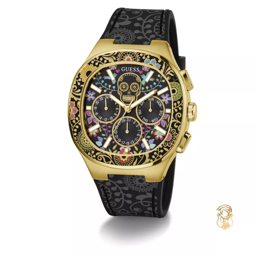 Guess Mens Day Of The Dead Black Gold Tone Multi-function Watch 44mm