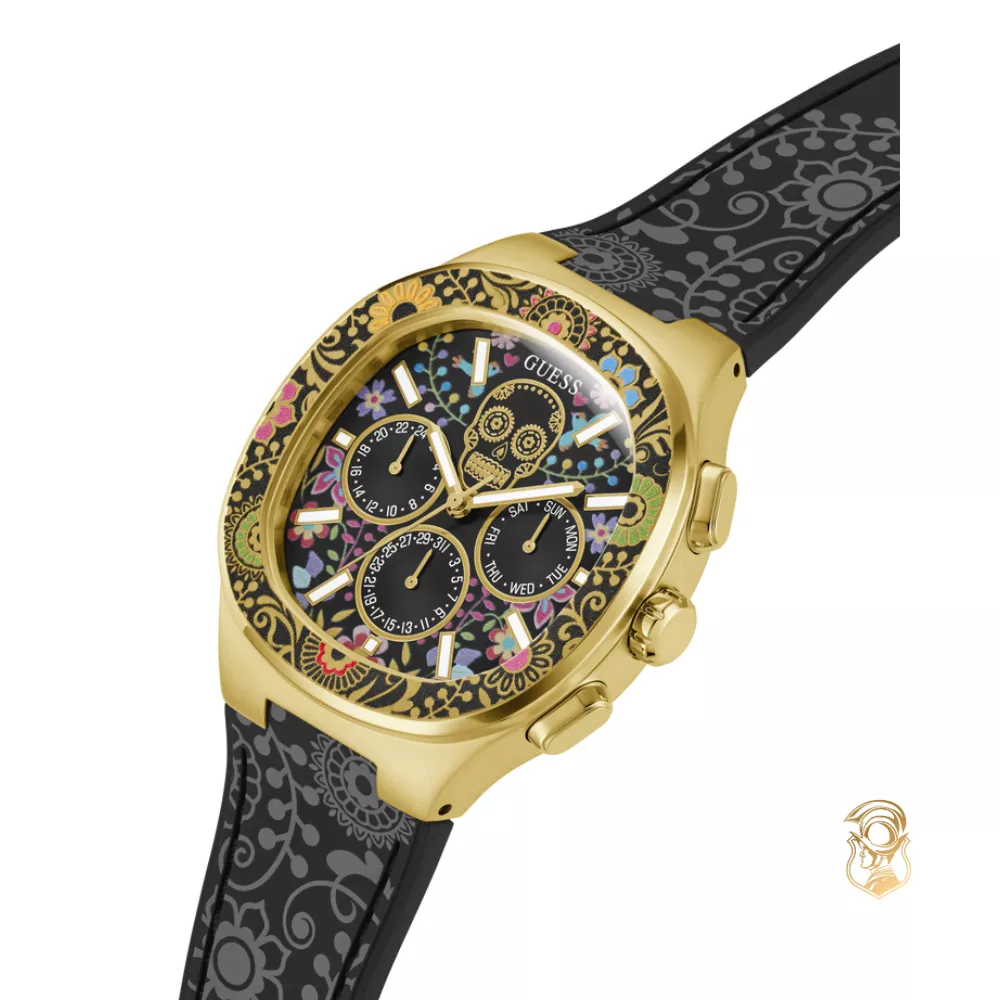 Guess Mens Day Of The Dead Black Gold Tone Multi-function Watch 44mm