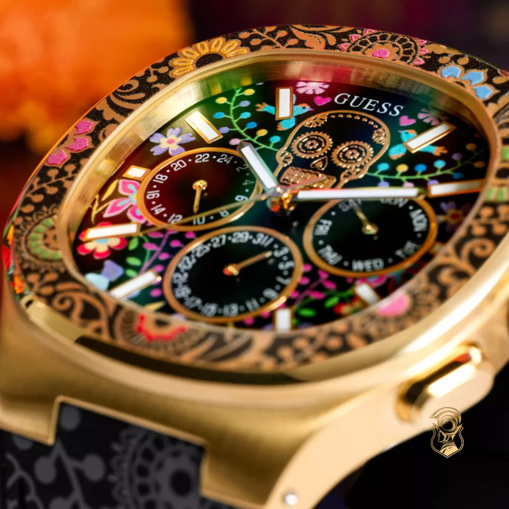 Guess Mens Day Of The Dead Black Gold Tone Multi-function Watch 44mm