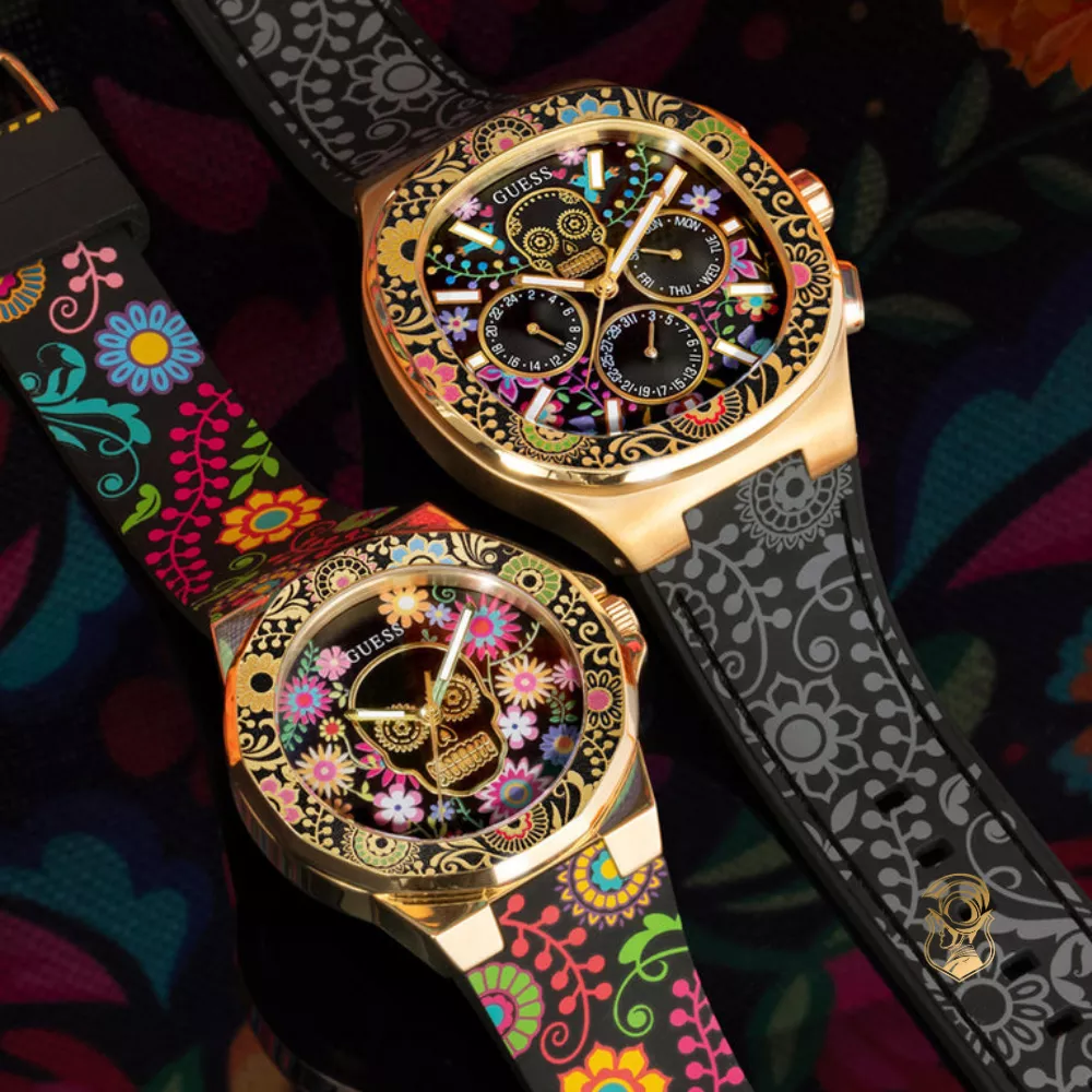 Guess Mens Day Of The Dead Black Gold Tone Multi-function Watch 44mm