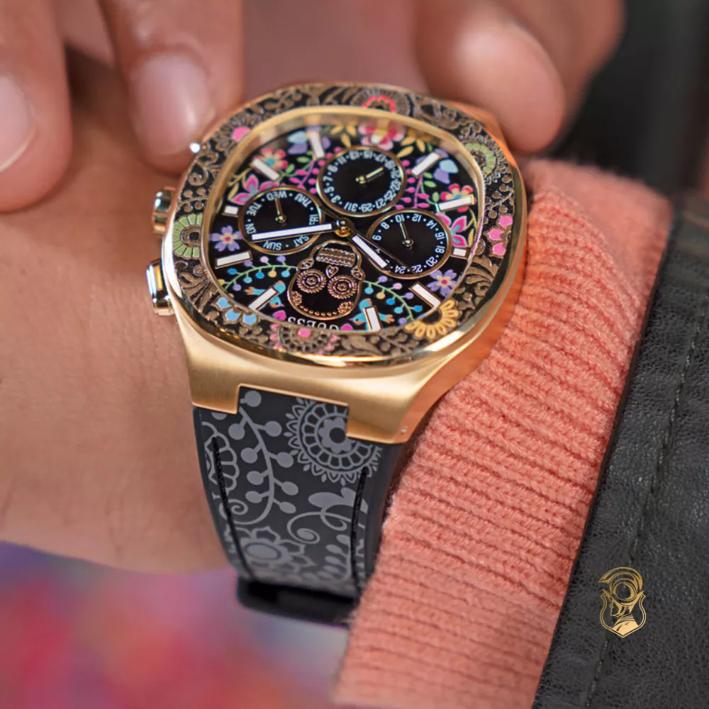 Guess Mens Day Of The Dead Black Gold Tone Multi-function Watch 44mm