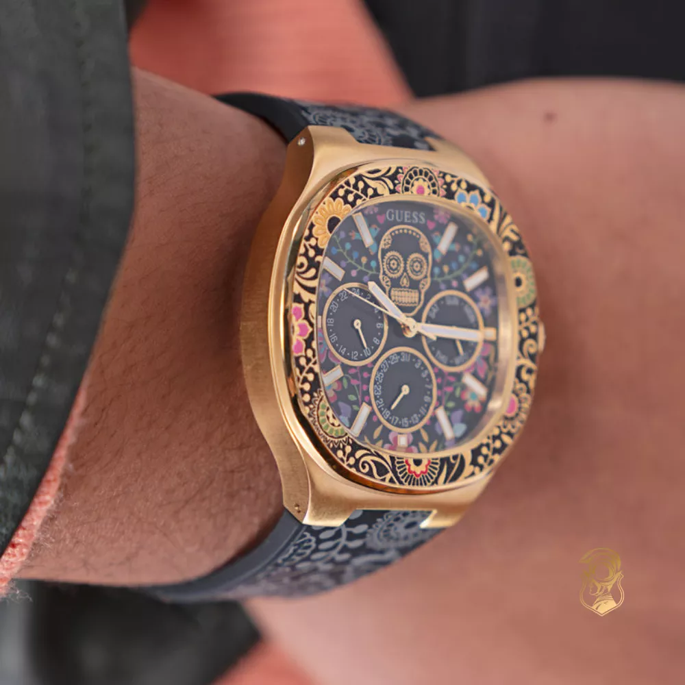 Guess Mens Day Of The Dead Black Gold Tone Multi-function Watch 44mm