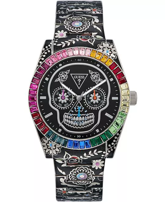 Guess Mens Day Of The Dead Silver Tone Multi-function Watch 42mm