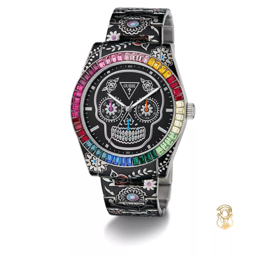 Guess Mens Day Of The Dead Silver Tone Multi-function Watch 42mm