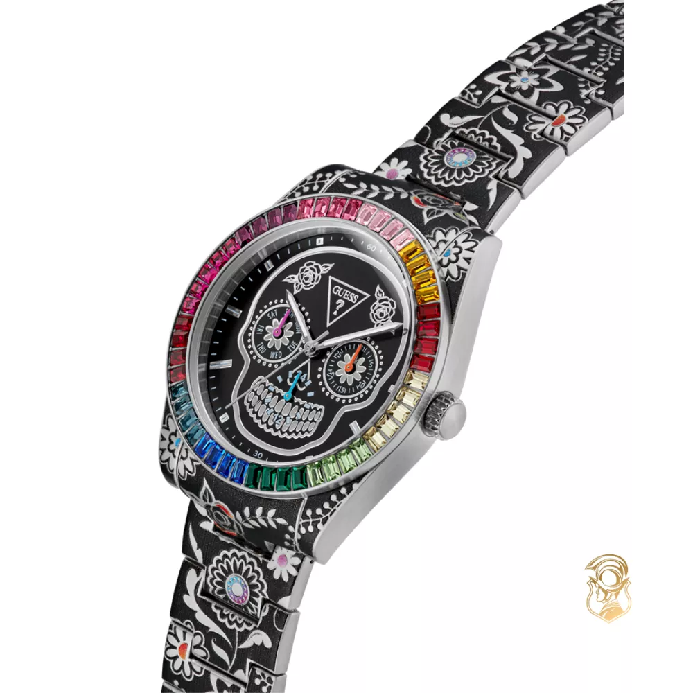 Guess Mens Day Of The Dead Silver Tone Multi-function Watch 42mm