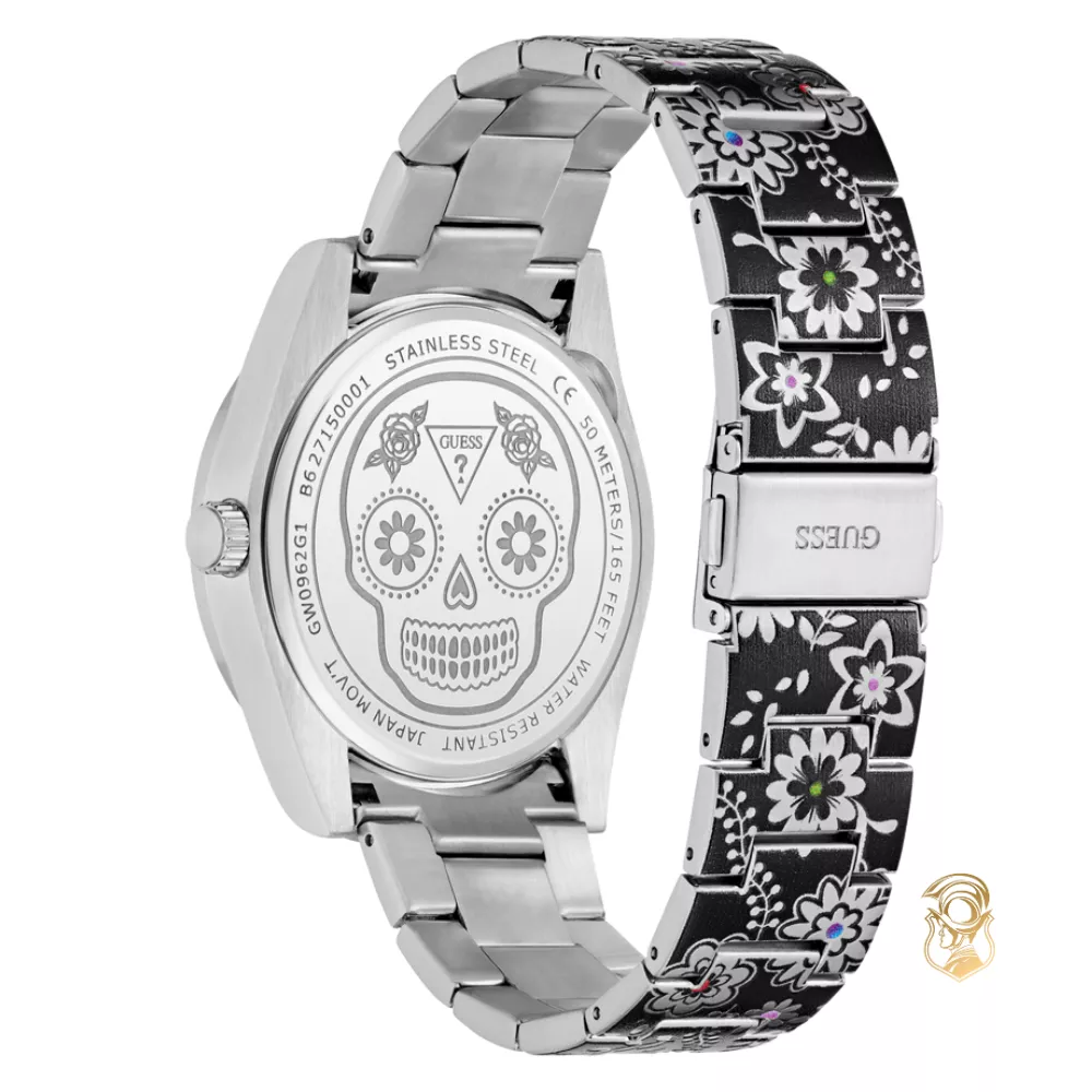 Guess Mens Day Of The Dead Silver Tone Multi-function Watch 42mm