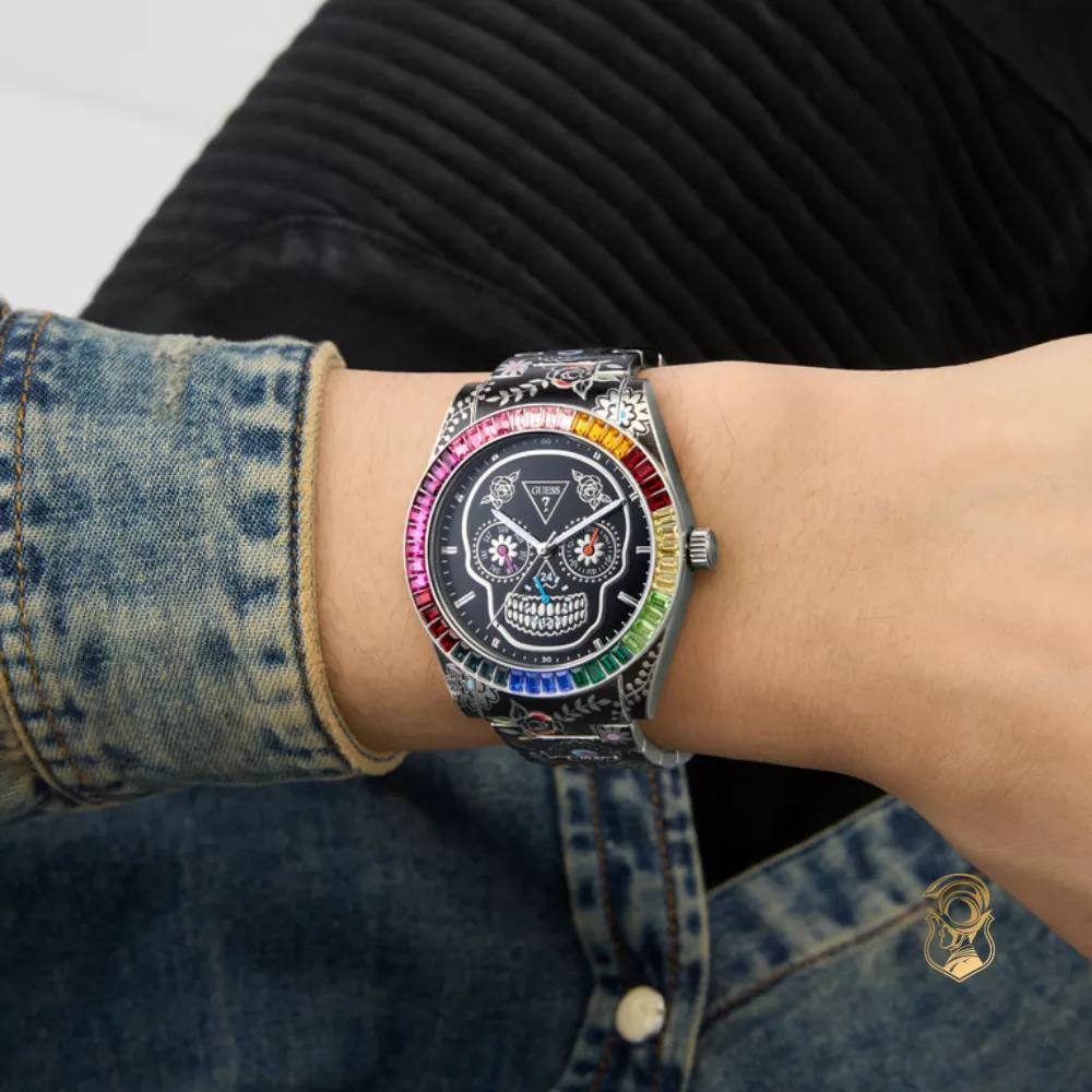 Guess Mens Day Of The Dead Silver Tone Multi-function Watch 42mm
