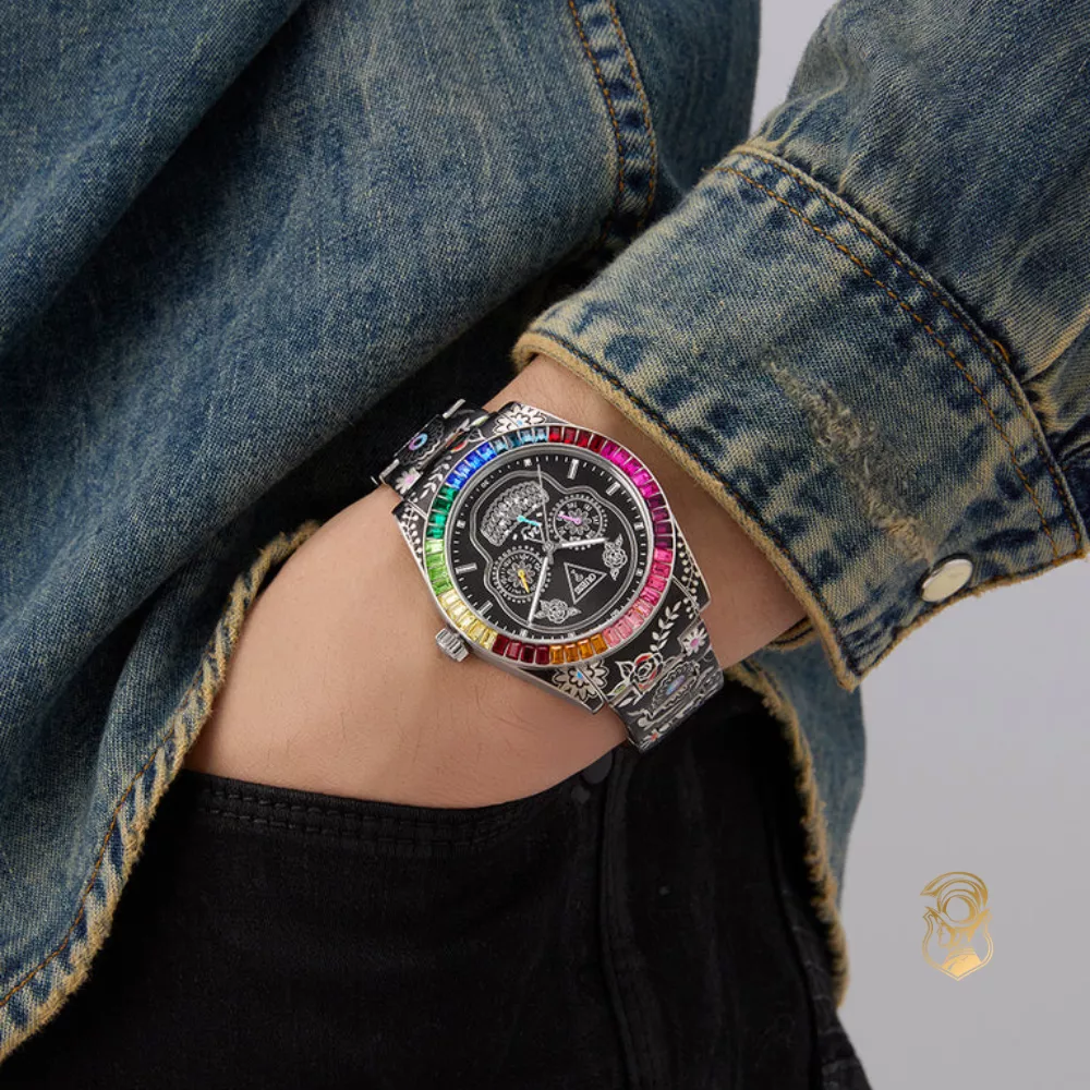 Guess Mens Day Of The Dead Silver Tone Multi-function Watch 42mm