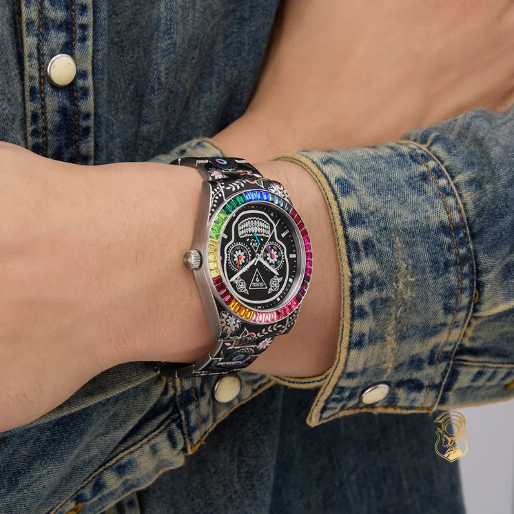 Guess Mens Day Of The Dead Silver Tone Multi-function Watch 42mm
