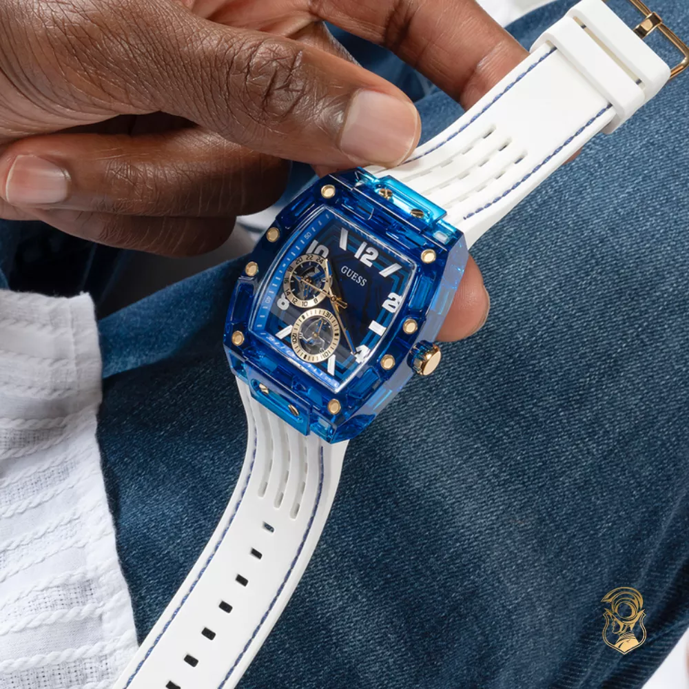 Guess Mens White Blue Multi-function Watch 41.5mm