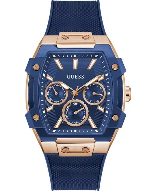 Guess Rose Gold-Tone and Blue Silicone Multifunction Watch 44mm